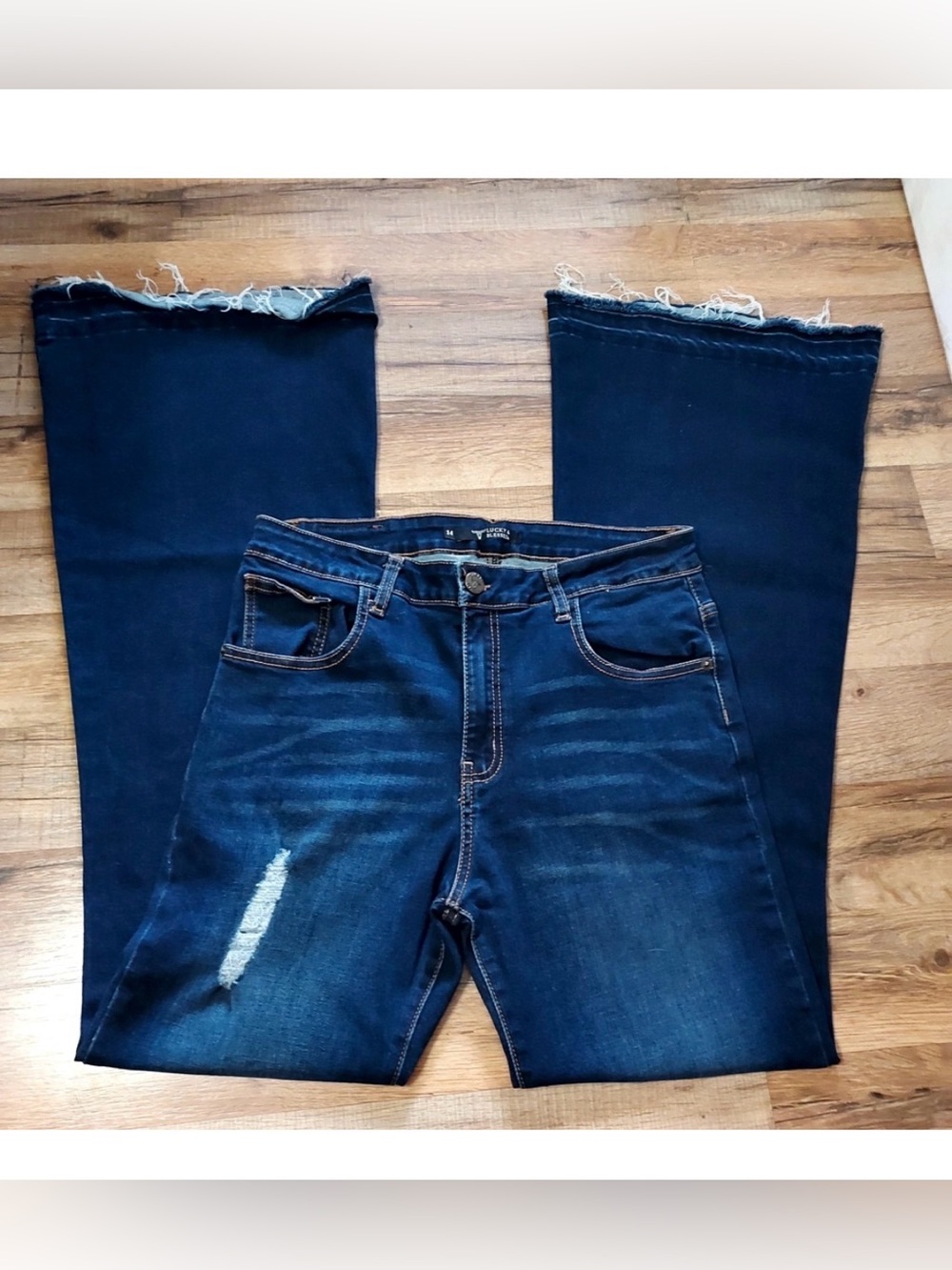 Lucky & Blessed Dark wash distressed Flare Jeans 14 33.5 inseam boho Y2K 70s 90s